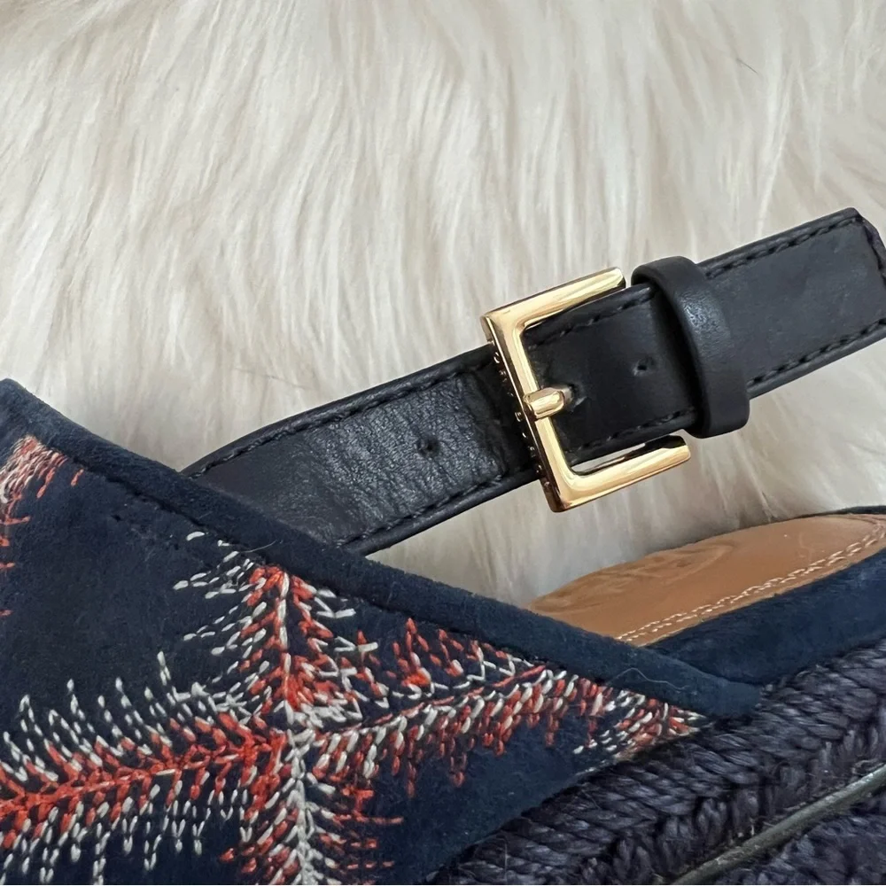 NEW Tory Burch Trinity Embroidered Navy Espadrille Heeled Slingback Sandal